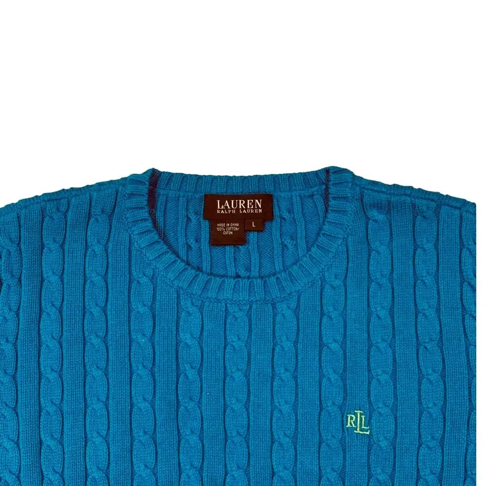 Vtg Lauren Ralph Lauren Sweater Women Large Blue Cable Knit Crewneck Old Money